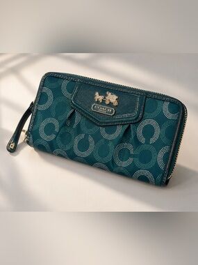 Vintage Coach Teal Signature C Zip Around Continental Wallet Gold Hardware Y2K